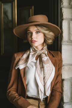 vintage western fashion portrait of stylish woman in suede jacket and silk scarf with wide brim hat outdoors in soft sunlight