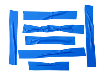 Top view set of wrinkled or crumpled blue adhesive vinyl tape or cloth tape in stripe shape...