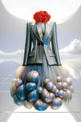 A surreal dress combining a structured blazer top, a flowing iridescent bubble skirt, and a bouquet of red roses as the head, set in a futuristic bright environment.