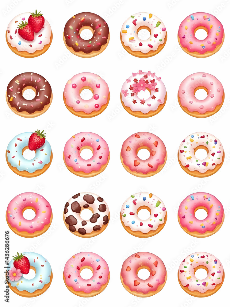 Poster an array of appetizing donuts with varied frosting and toppings, a perfect sweet treat for all.