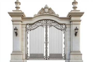 Ornate wrought iron gate with stone pillars and lamp fixtures isolated on white background