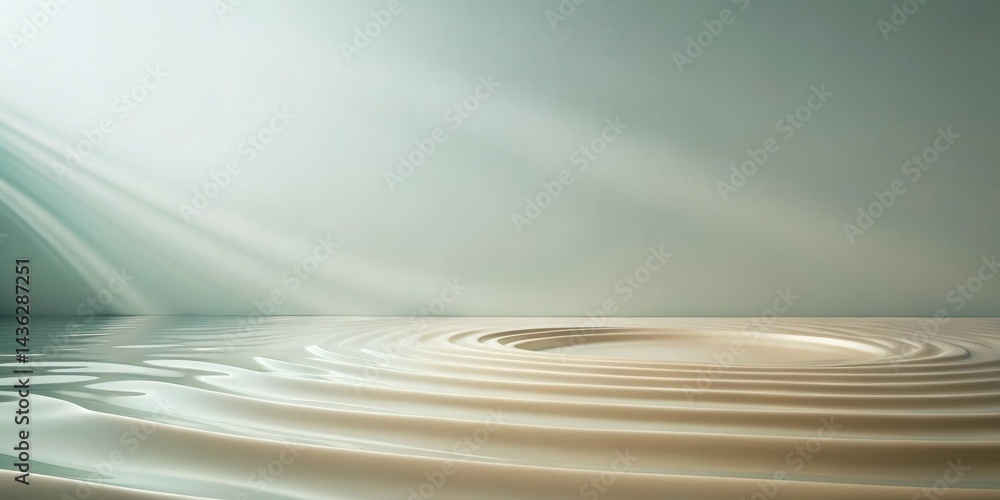 Poster Serene Ripple Pattern on a Smooth, Cream-Colored Surface Against a Soft Green Wall with Subtle Light Beams