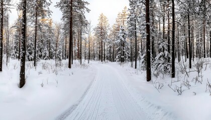 Obraz premium Snowy winter trail through pine forest