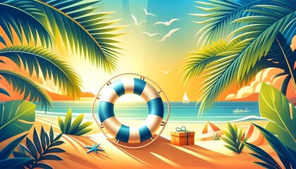 Vector banner showcasing a summer beach scene with a lifebuoy on golden sand, palm leaves above, and spacious bright layout for tropical holiday design concepts.