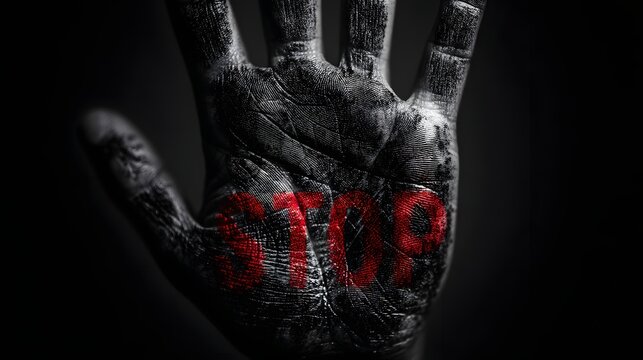 D&uuml;stere Hand mit rotem Stoppschriftzug als eindringliches Warnsymbol
