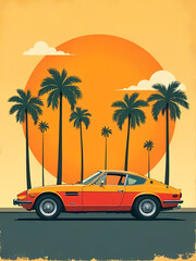 A classic, vibrant sports car is set against a tropical sunset with palm trees and a beautiful sky.