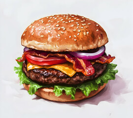 Delicious Burger with Bacon, Cheese, and Fresh Vegetables