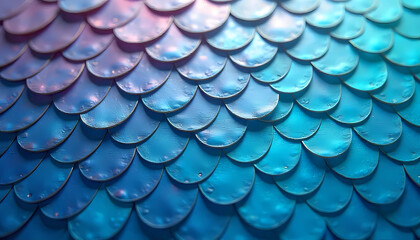 Fototapeta premium Overlapping iridescent scales create a detailed pattern of blue, pink, and purple colors.