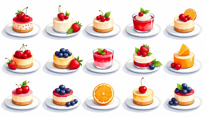 An artistic illustration showcases a variety of mini cheesecakes with fresh fruit toppings.