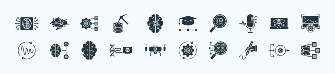 Artificial intelligence thin icon set containing machine learning, neural network, natural language processing, data mining, fuzzy logic