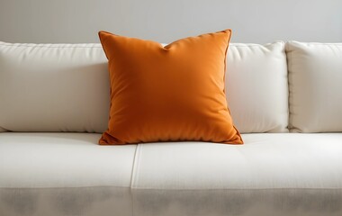 burnt-orange throw pillow with velvet texture on a minimalist cream sectional sofa, close up of orange pillow on a cream sofa