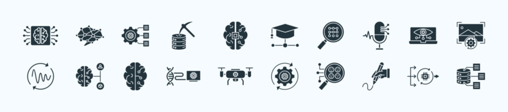 Artificial intelligence thin icon set containing machine learning, neural network, natural language processing, data mining, fuzzy logic