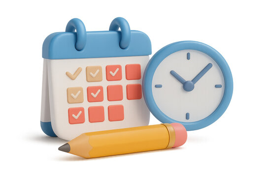 Colorful calendar icon with clock and pencil symbolizing time management and planning. Isolated illustration