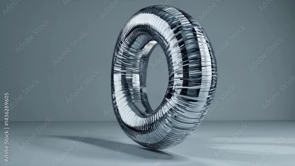Poster glass torus rotating on a reflective surface, creating a circular light pattern on a gray background