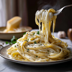 fettuccine noodles coated in a rich, creamy  made with butter, garlic, heavy cream, and freshly grated Parmesan cheese. 