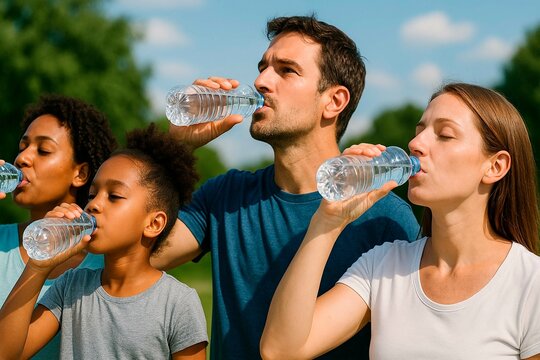 A family group drinking bottled water outdoors on a sunny day to stay hydrated and refreshed easily