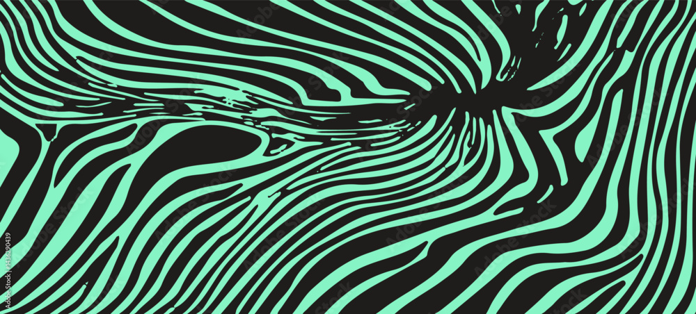 Poster abstract vector illustration with flowing mint green and black wavy lines. the dynamic, organic patt
