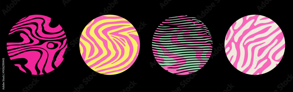 Poster vector illustration featuring four circles with psychedelic, wavy abstract patterns in pink, yellow,