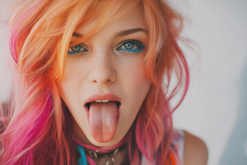 Vibrant Young Woman with Orange and Pink Hair, Blue Eye Makeup, and Playful Expression
