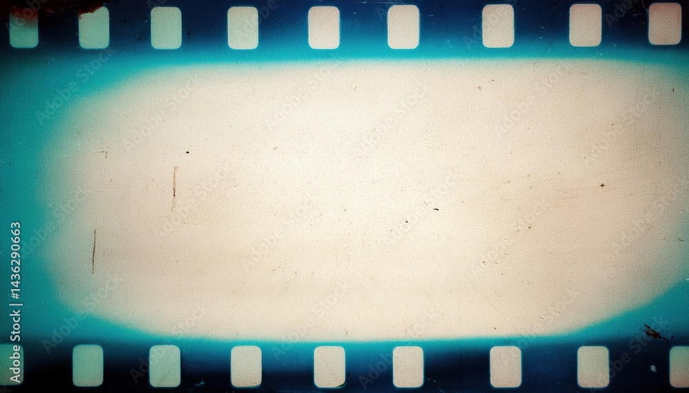 Poster vintage blank film strip frame with grunge texture and blue vignette for retro web design background