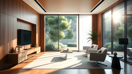 Modern luxury CEO office interior with the latest technology, wooden walls and a large window overlooking the garden.