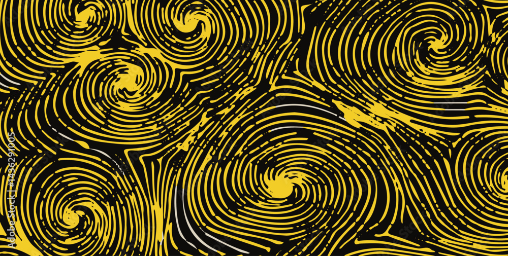Poster Abstract vector illustration featuring swirling yellow and black lines, forming spiral and vortex shapes, creating a dynamic and hypnotic visual pattern.
