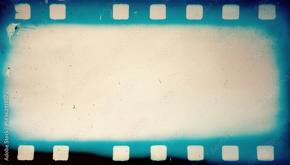 Poster vintage blank film strip frame with grunge texture and blue vignette for retro web design background
