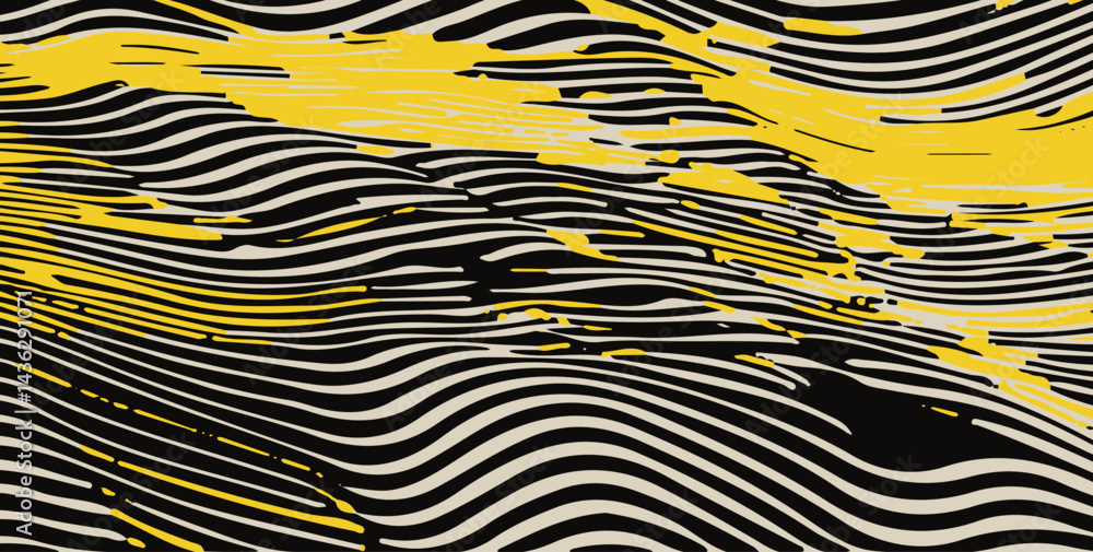 Poster Abstract vector illustration with wavy black and beige lines and dynamic yellow streaks, creating a sense of movement and fluidity in a modern, artistic pattern.
