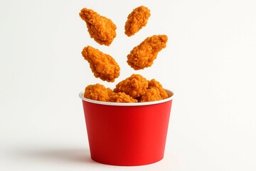 Crispy fried chicken wings falling into a red bucket against a plain white background in a studio shot