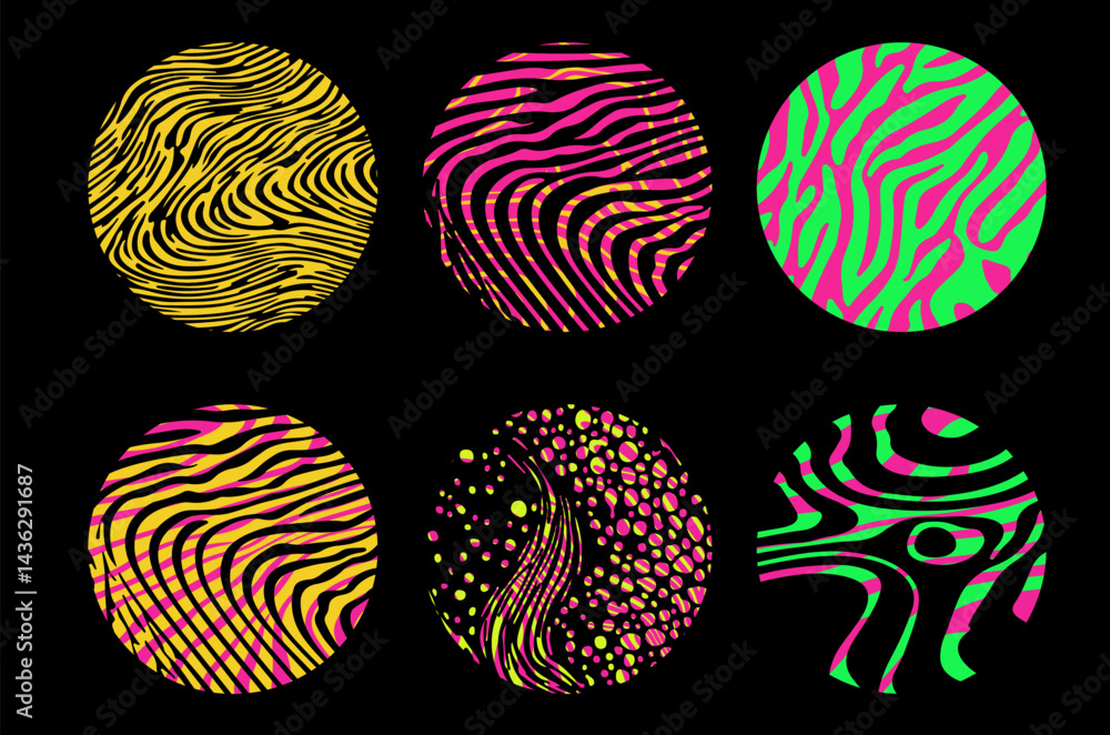 Poster vector illustration featuring four circles with psychedelic, wavy abstract patterns in pink, yellow,
