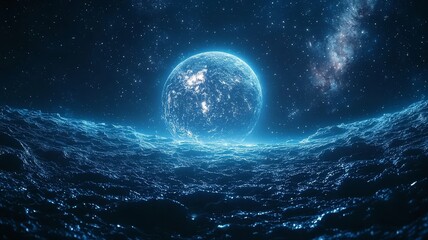 Stunning cosmic landscape featuring a luminous planet above a shimmering ocean, evoking a sense of wonder and exploration in a vibrant, otherworldly setting.