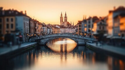 Naklejka premium A medieval bridge arching over a river, gothic rooftops reflecting in the shimmering sunset waters