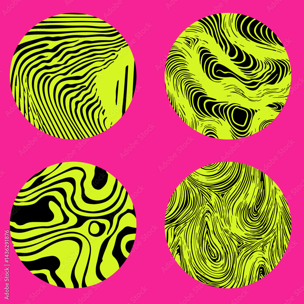 Poster Vector illustration featuring four circles with psychedelic, wavy abstract patterns in yellow and green neon colors. Each circle has a unique, trippy design for a bold, modern look.