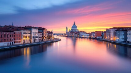 Obraz premium A river winding through an old European city, gothic rooftops mirroring the fiery hues of the sunset sky