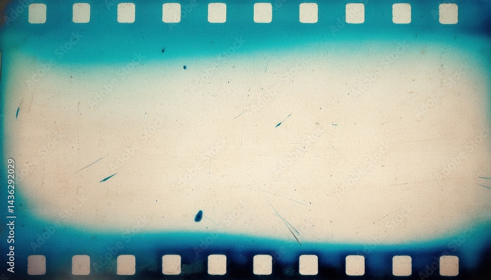 Poster vintage blank film strip frame with grunge texture and blue vignette for retro web design background