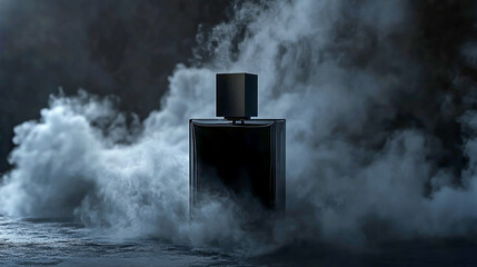 Black perfume bottle surrounded by a smoky cloud, adding a touch of mystery and elegance to the fragrance theme