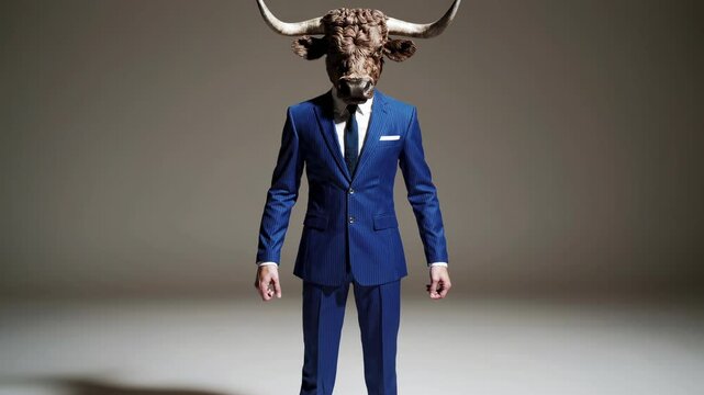 Studio shot of a businessman wearing a blue pinstripe suit with a bull head standing on a gray background, representing the concept of a bull market in finance