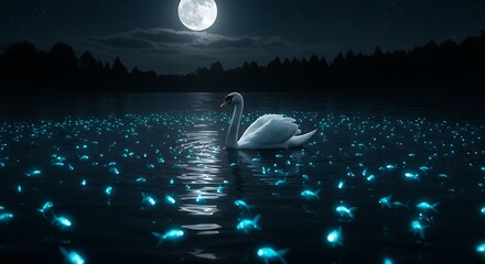 Swan Under Moonlight: Bioluminescent Pond
