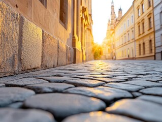 Obraz premium A historic European street corner, golden evening sunlight highlighting intricate gothic architecture