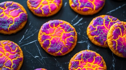 Fototapeta premium Colorful Crackled Cookies on Dark Marble Background