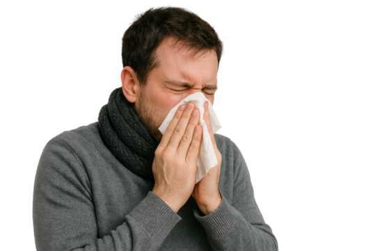 Man sneezing into tissue while wearing gray sweater and black scarf on white background. Isolated illustration