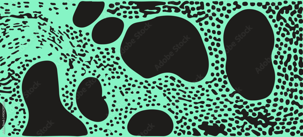 Poster abstract vector illustration with irregular black shapes and dotted patterns on a green background, 
