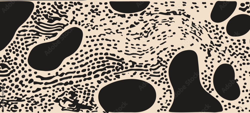 Poster abstract vector illustration with irregular black shapes and dotted patterns on a beige background, 