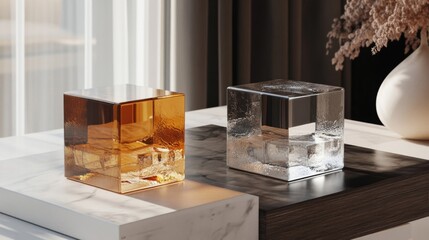 Fototapeta premium Amber and Clear Glass Cubes on Marble Surface