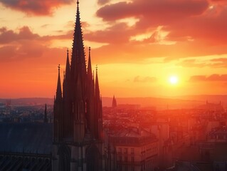 Fototapeta premium A grand cathedral s spires glowing under the setting sun, gothic rooftops reflecting warm amber tones