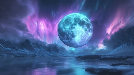 Fototapeta premium Pixel Art Moonlit Landscape with Purple Aurora