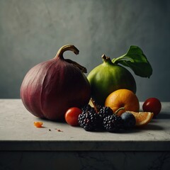Arreglo artístico de frutas y verduras frescas incluyendo cebolla morada, guayaba verde con hojas, naranja en rodajas, tomates cherry, moras, y un arándano sobre una superficie de mármol clara para in