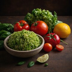 Composición de frutas y verduras frescas sobre superficie oscura: naranjas, kiwis, brócoli, tomates cherry, pimiento amarillo, cebolla morada, limón, hojas de albahaca, espinacas y un pequeño tazón 