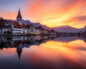 Obraz premium A tranquil European lake reflecting gothic rooftops and the deep orange glow of the evening sky