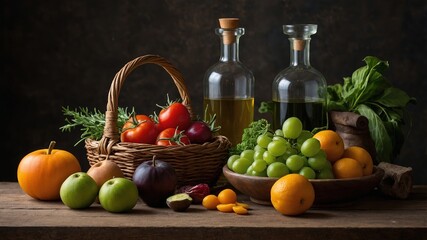 Mesa rústica decorada con una variedad de frutas y vegetales frescos, como tomates, uvas, brócoli y una calabaza pequeña, acompañados de dos botellas de vidrio con aceite y un fondo de madera oscura © jesus